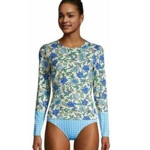 Land’s End Long sleeve Lotus gingham rash guard blues greens floral size XS
